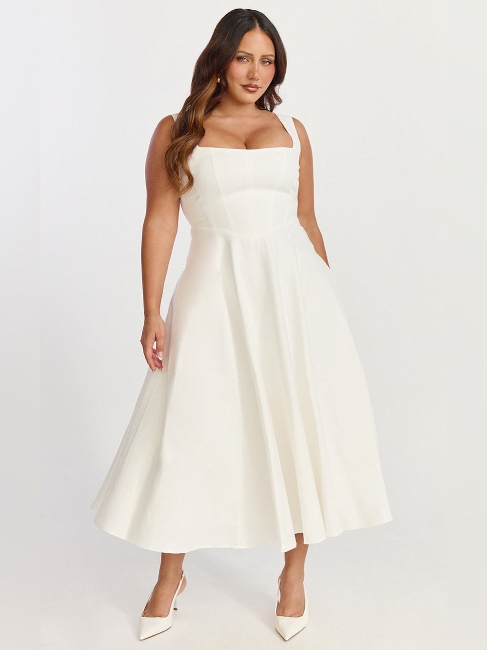 SHOWPO Bernie Square Neck Strapped Full Circle Skirt Midi Dress In White - Picture 7 of 9